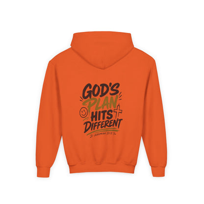 Youth Hoodie — “God’s Plan Hits Different” Inspirational Christian Pullover