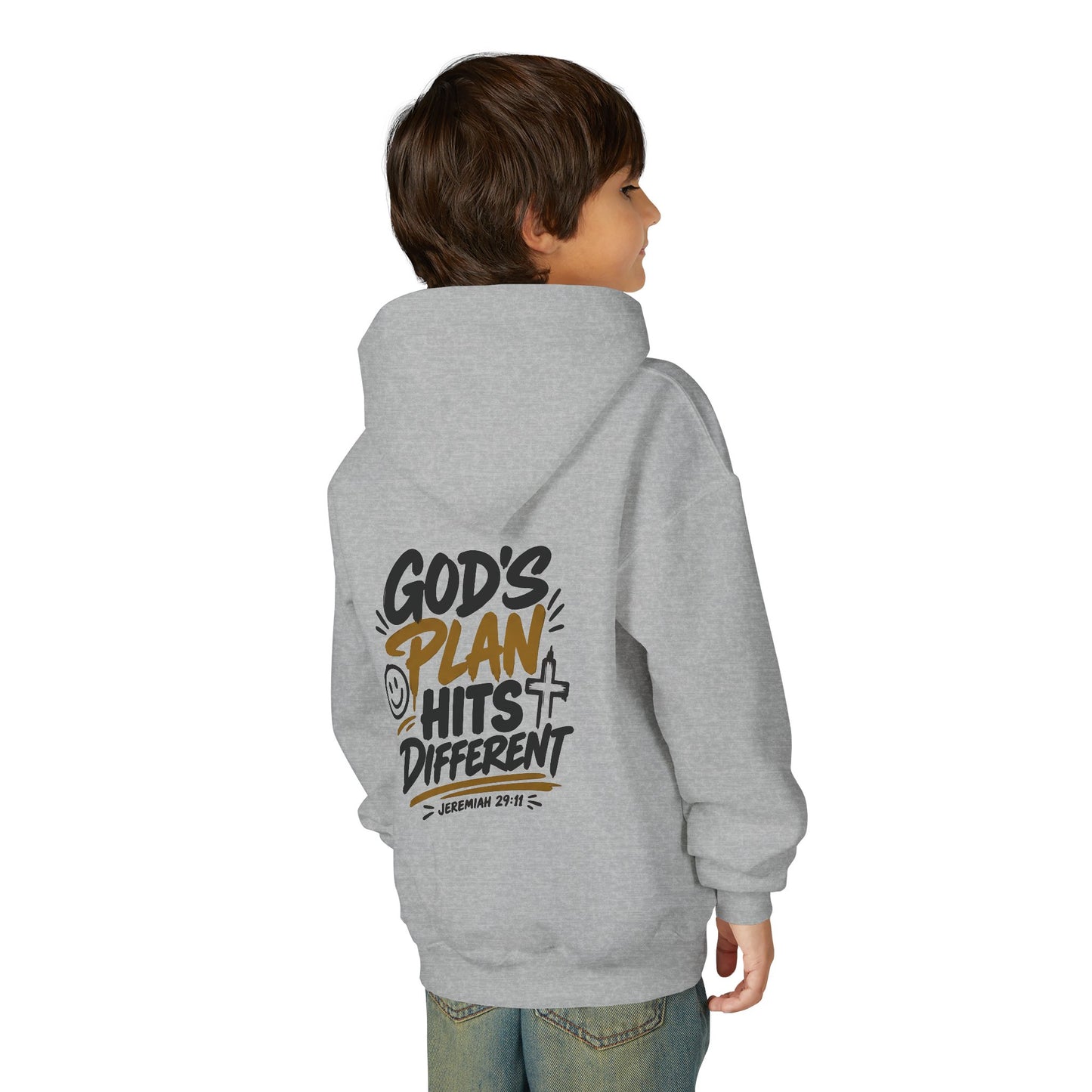 Youth Hoodie — “God’s Plan Hits Different” Inspirational Christian Pullover