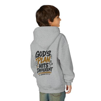 Youth Hoodie — “God’s Plan Hits Different” Inspirational Christian Pullover
