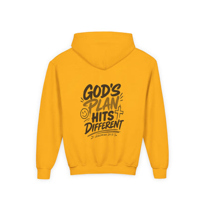 Youth Hoodie — “God’s Plan Hits Different” Inspirational Christian Pullover