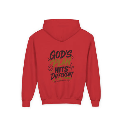 Youth Hoodie — “God’s Plan Hits Different” Inspirational Christian Pullover