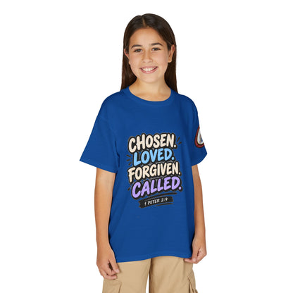 Chosen Loved Forgiven Called Youth T‑Shirt — 1 Peter 2:9 Inspirational Kids Tee