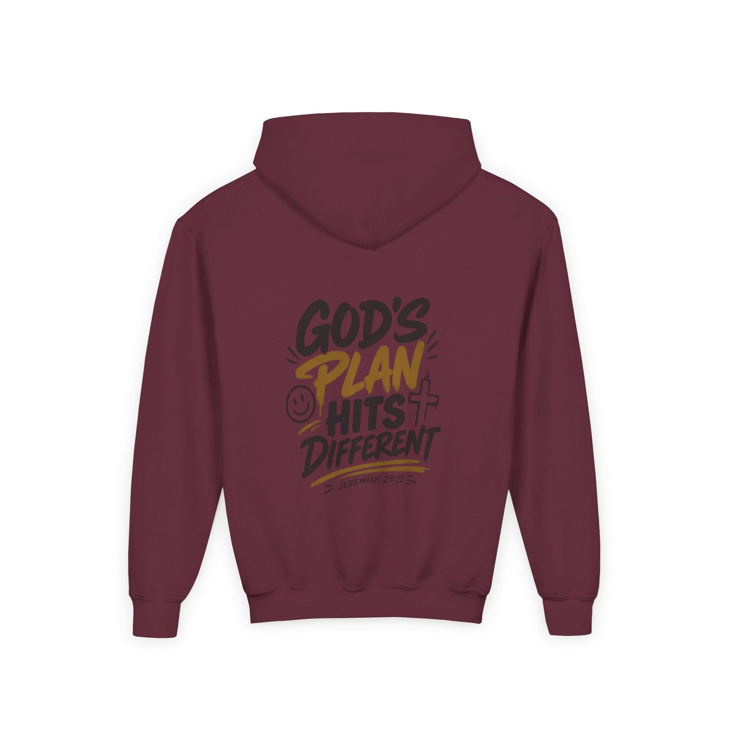 Youth Hoodie — “God’s Plan Hits Different” Inspirational Christian Pullover