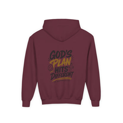 Youth Hoodie — “God’s Plan Hits Different” Inspirational Christian Pullover