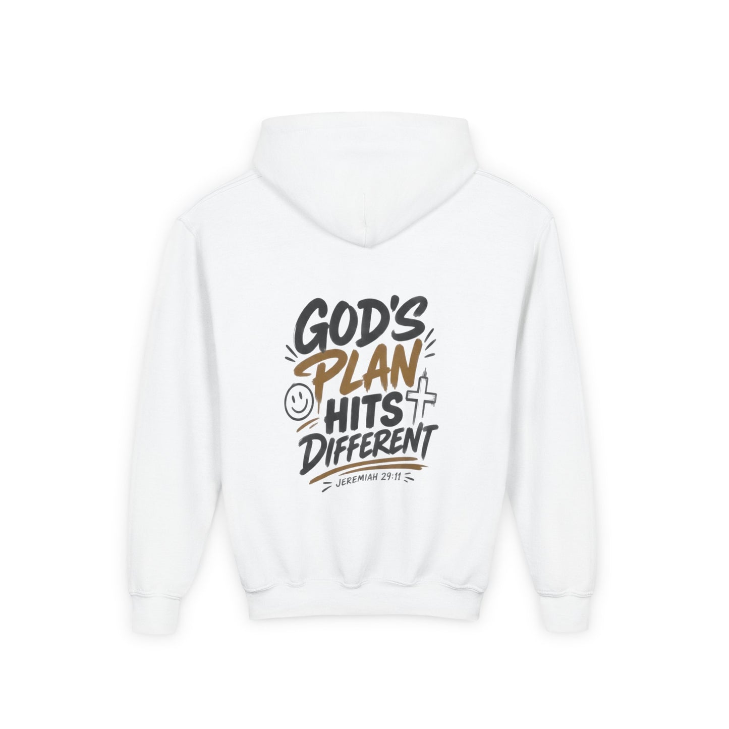 Youth Hoodie — “God’s Plan Hits Different” Inspirational Christian Pullover