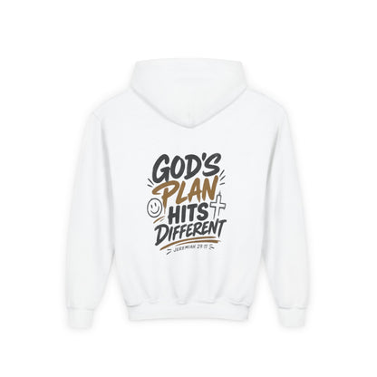 Youth Hoodie — “God’s Plan Hits Different” Inspirational Christian Pullover