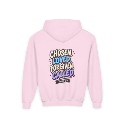 Youth Hoodie — "Chosen, Loved, Forgiven, Called" Christian Faith Pullover (Matthew 2:6)