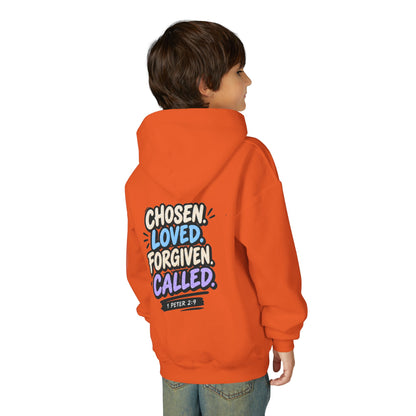 Youth Hoodie — "Chosen, Loved, Forgiven, Called" Christian Faith Pullover (Matthew 2:6)