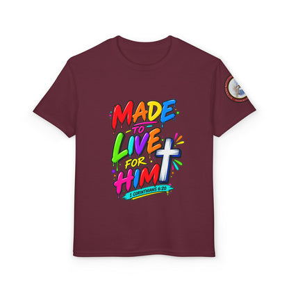 Youth T-Shirt — "Made to Live for Him" Colorful Christian Graphic