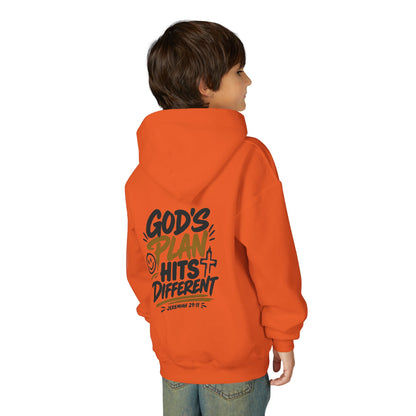 Youth Hoodie — “God’s Plan Hits Different” Inspirational Christian Pullover