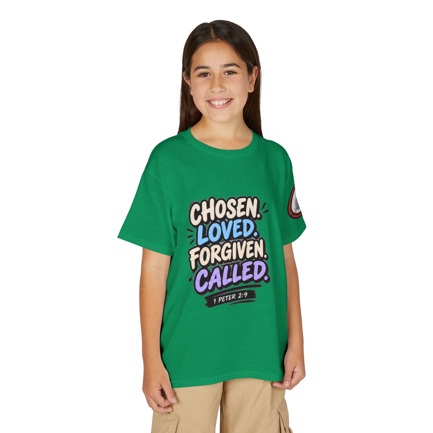 Chosen Loved Forgiven Called Youth T‑Shirt — 1 Peter 2:9 Inspirational Kids Tee