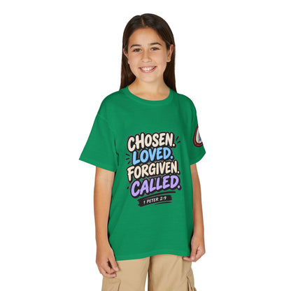 Chosen Loved Forgiven Called Youth T‑Shirt — 1 Peter 2:9 Inspirational Kids Tee