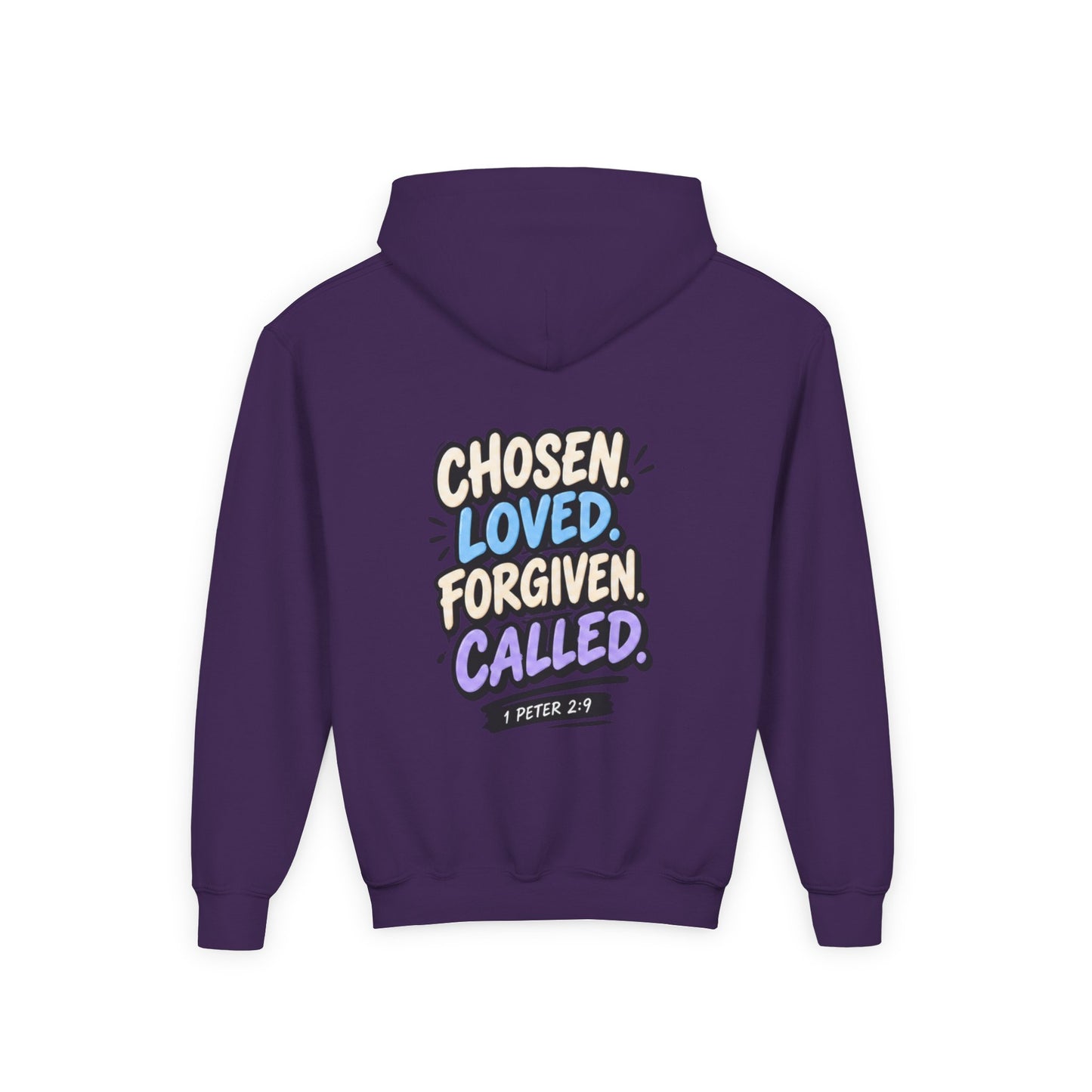 Youth Hoodie — "Chosen, Loved, Forgiven, Called" Christian Faith Pullover (Matthew 2:6)