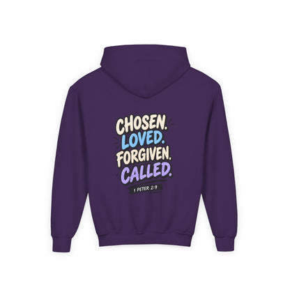 Youth Hoodie — "Chosen, Loved, Forgiven, Called" Christian Faith Pullover (Matthew 2:6)