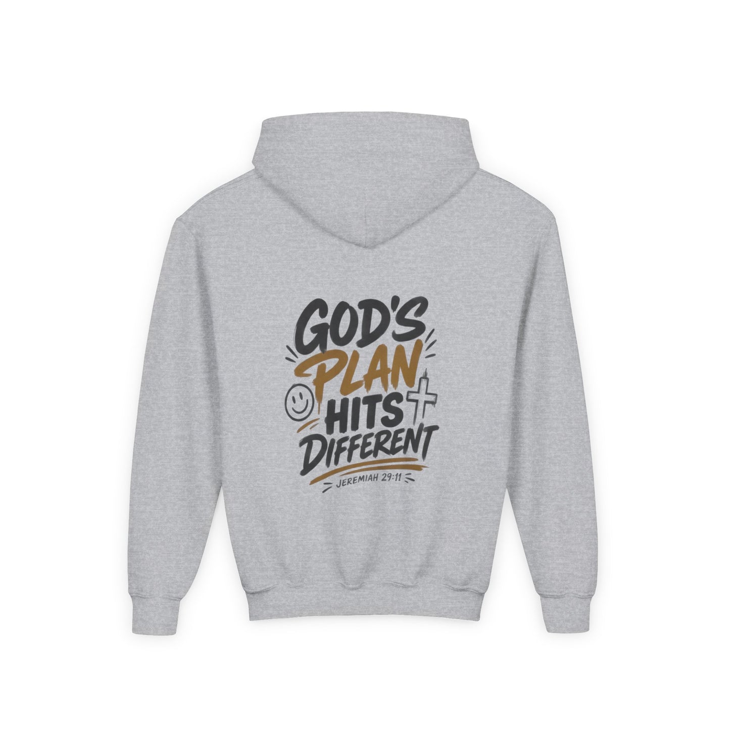 Youth Hoodie — “God’s Plan Hits Different” Inspirational Christian Pullover