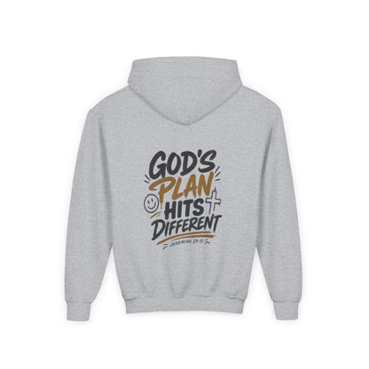 Youth Hoodie — “God’s Plan Hits Different” Inspirational Christian Pullover