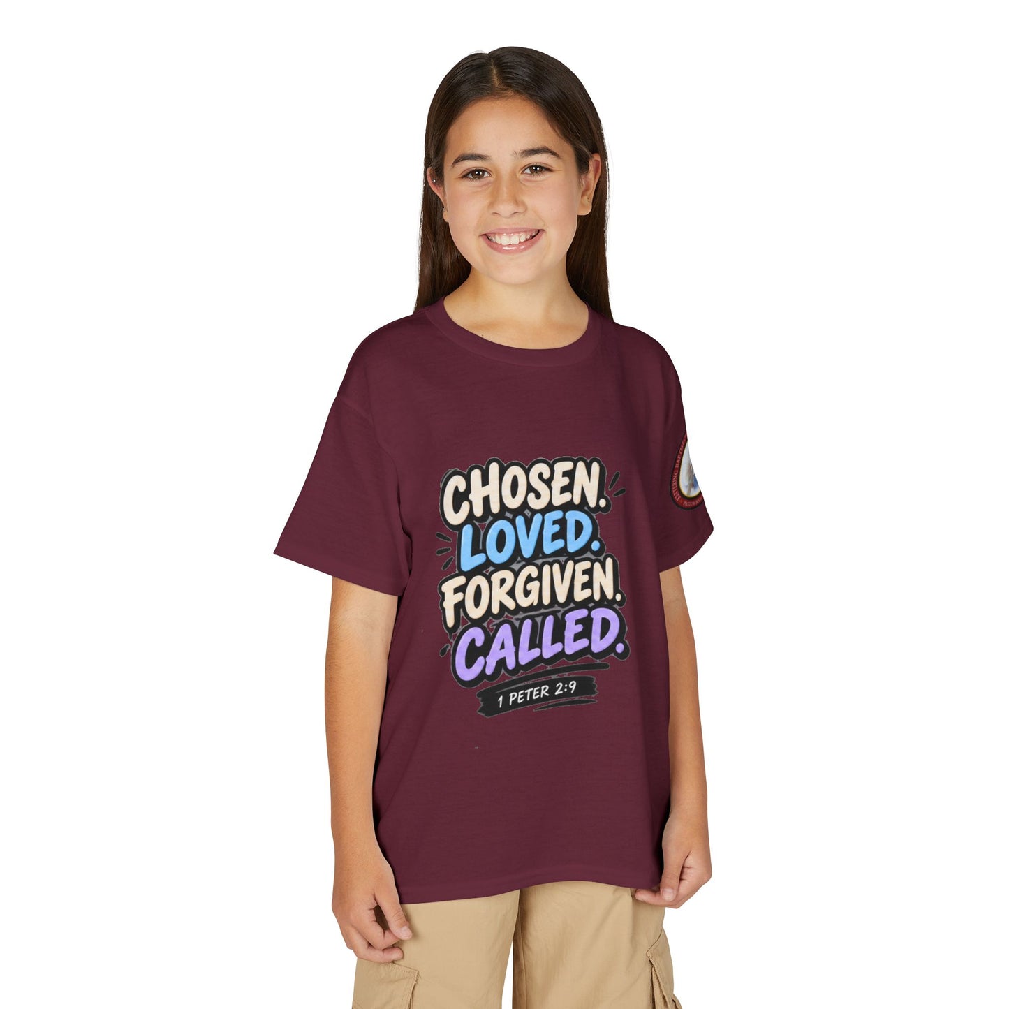Chosen Loved Forgiven Called Youth T‑Shirt — 1 Peter 2:9 Inspirational Kids Tee