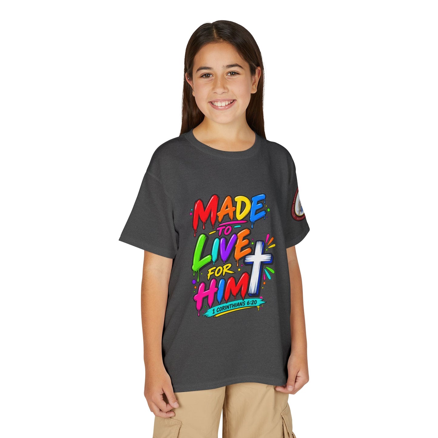 Youth T-Shirt — "Made to Live for Him" Colorful Christian Graphic