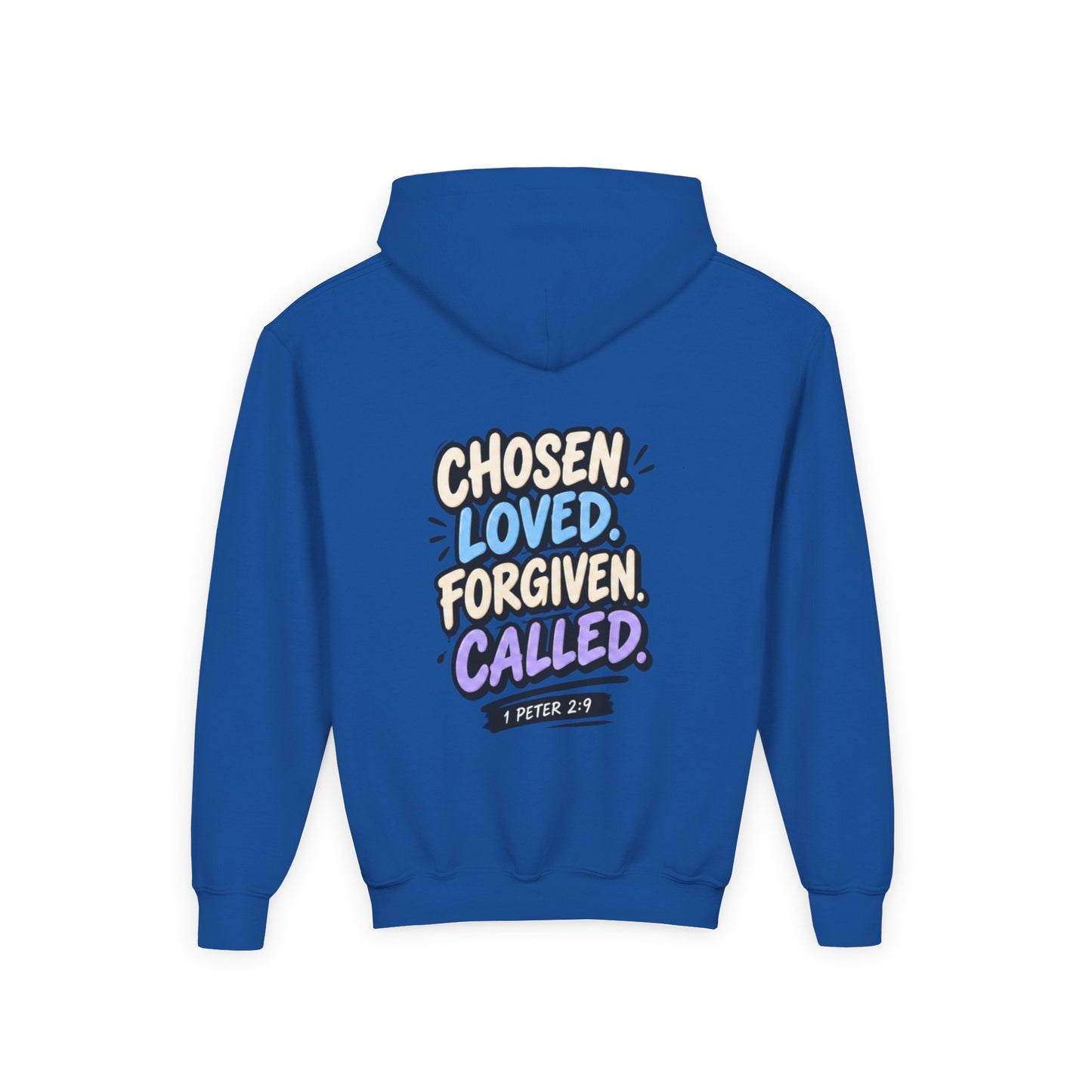 Youth Hoodie — "Chosen, Loved, Forgiven, Called" Christian Faith Pullover (Matthew 2:6)