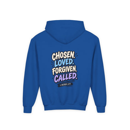 Youth Hoodie — "Chosen, Loved, Forgiven, Called" Christian Faith Pullover (Matthew 2:6)