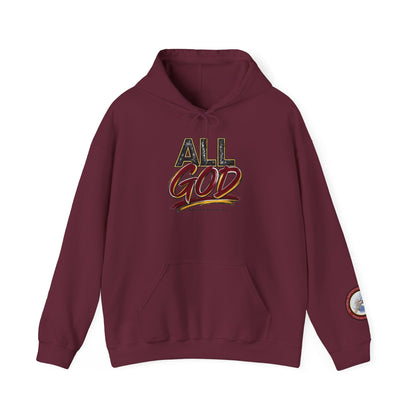 All God Hoodie — Christian Faith Graphic Pullover with Sleeve Emblem