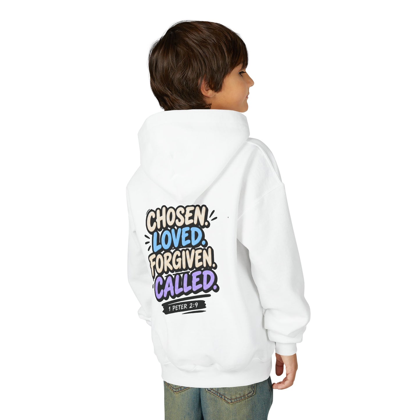 Youth Hoodie — "Chosen, Loved, Forgiven, Called" Christian Faith Pullover (Matthew 2:6)