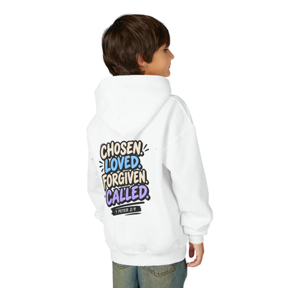 Youth Hoodie — "Chosen, Loved, Forgiven, Called" Christian Faith Pullover (Matthew 2:6)