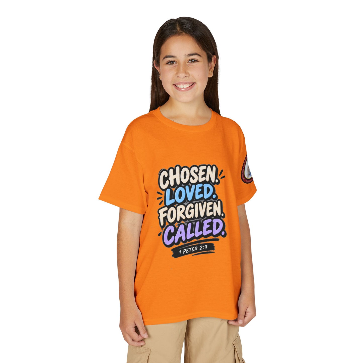Chosen Loved Forgiven Called Youth T‑Shirt — 1 Peter 2:9 Inspirational Kids Tee