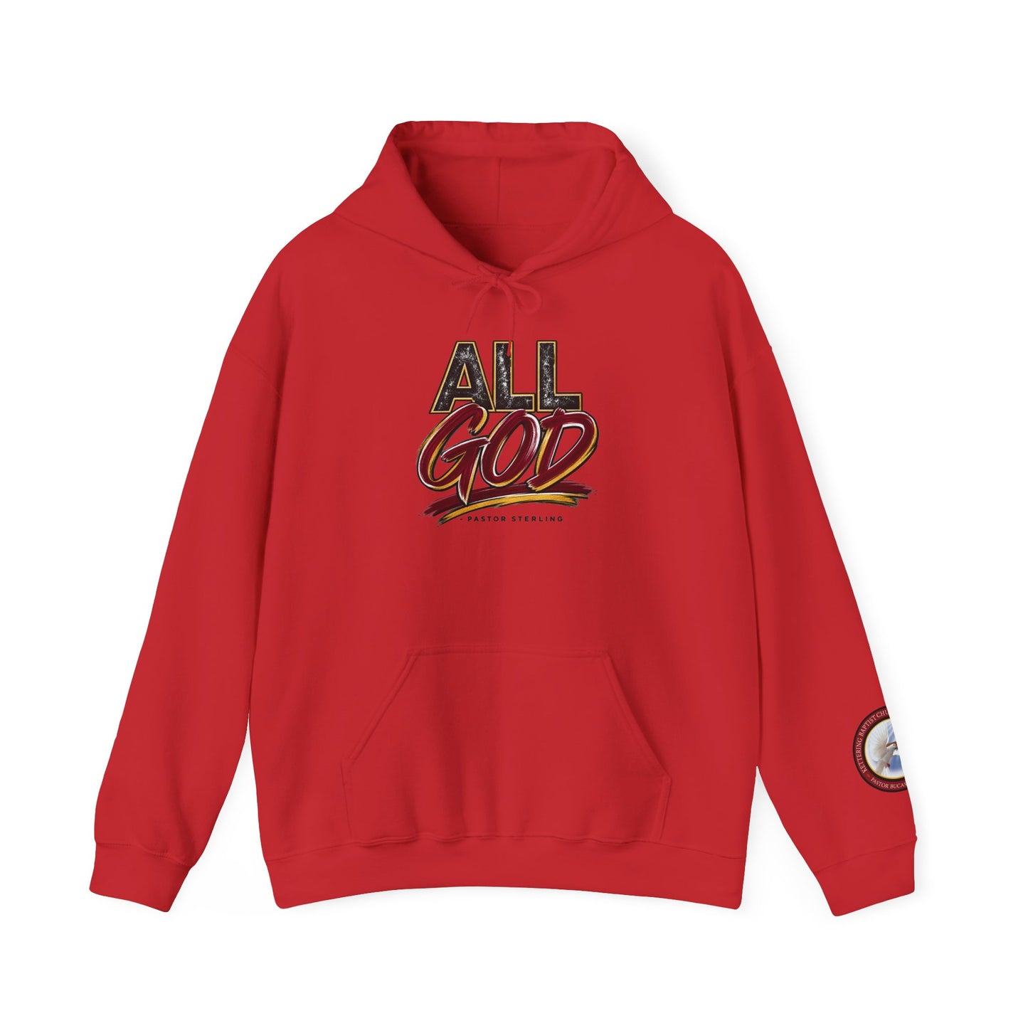 All God Hoodie — Christian Faith Graphic Pullover with Sleeve Emblem