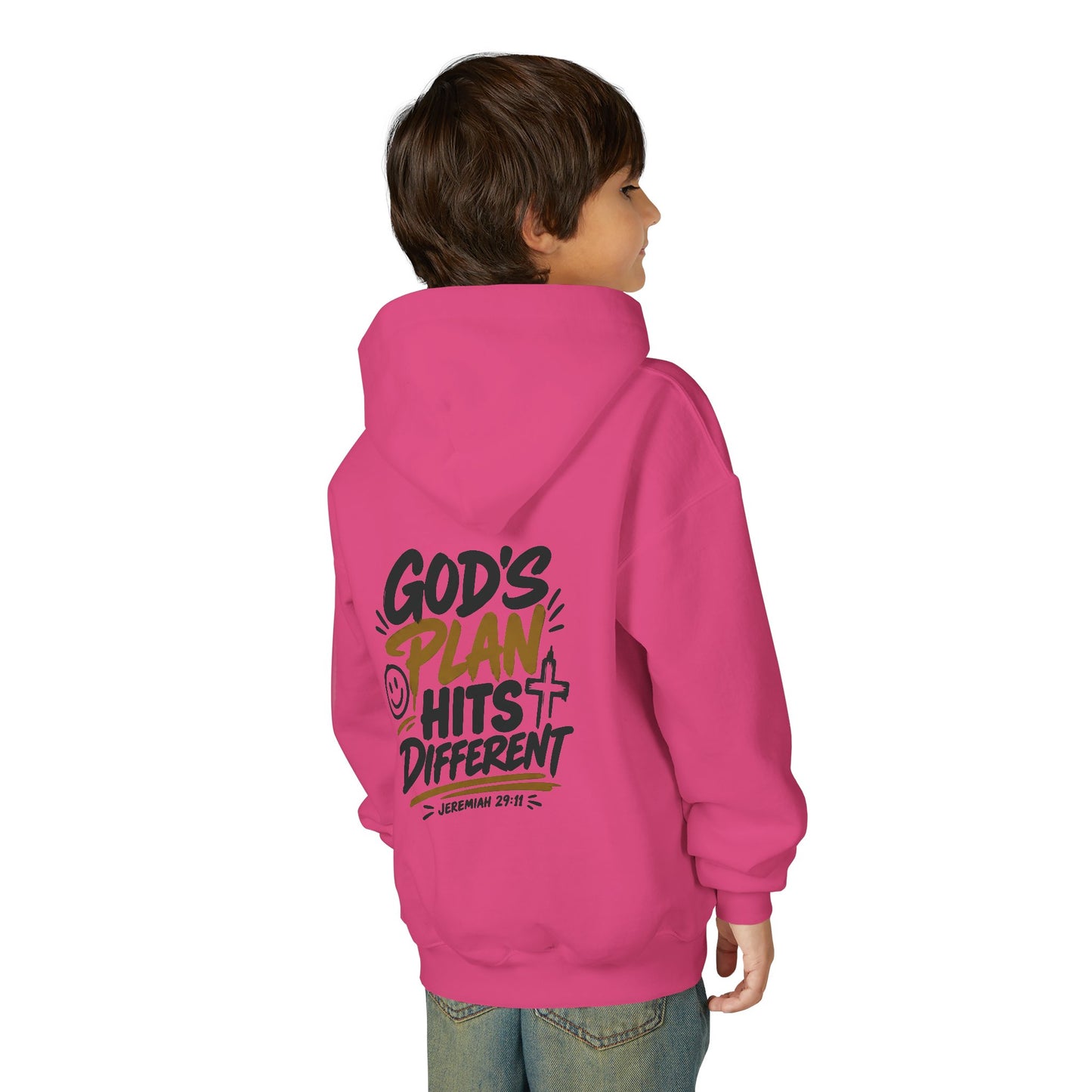 Youth Hoodie — “God’s Plan Hits Different” Inspirational Christian Pullover
