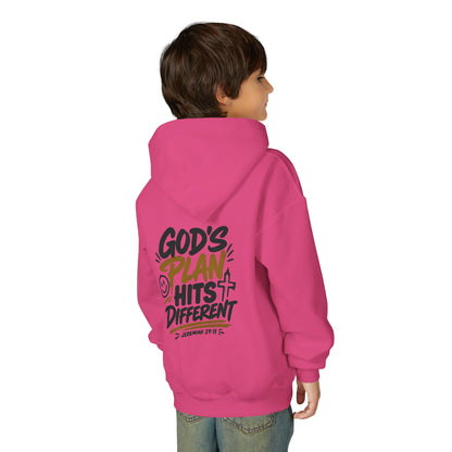 Youth Hoodie — “God’s Plan Hits Different” Inspirational Christian Pullover