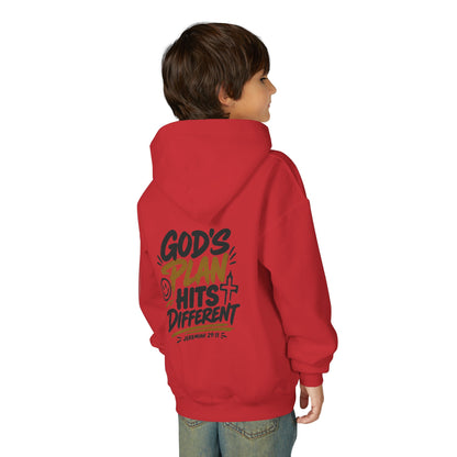 Youth Hoodie — “God’s Plan Hits Different” Inspirational Christian Pullover