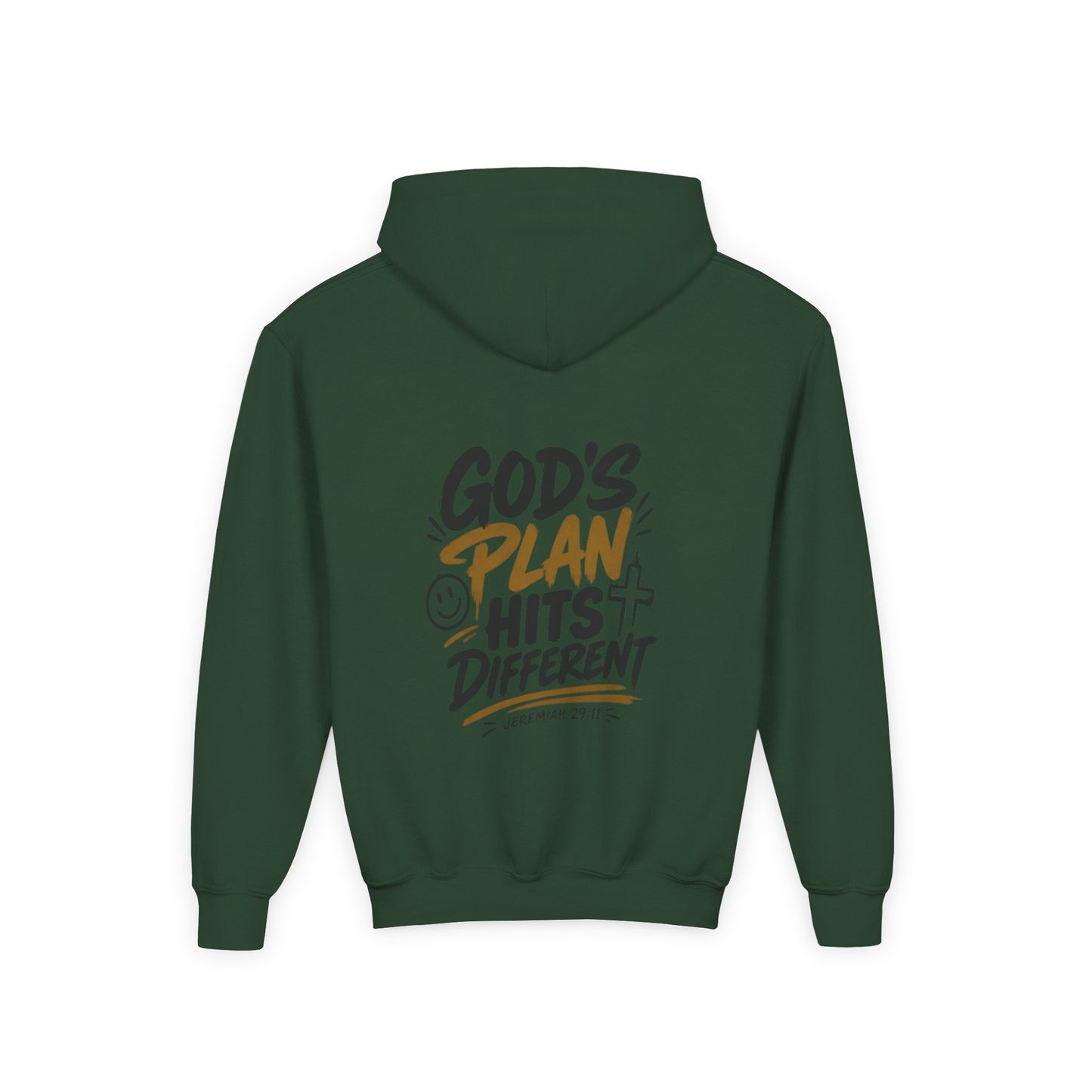 Youth Hoodie — “God’s Plan Hits Different” Inspirational Christian Pullover