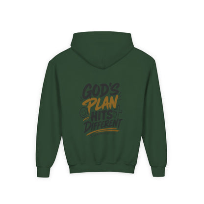 Youth Hoodie — “God’s Plan Hits Different” Inspirational Christian Pullover