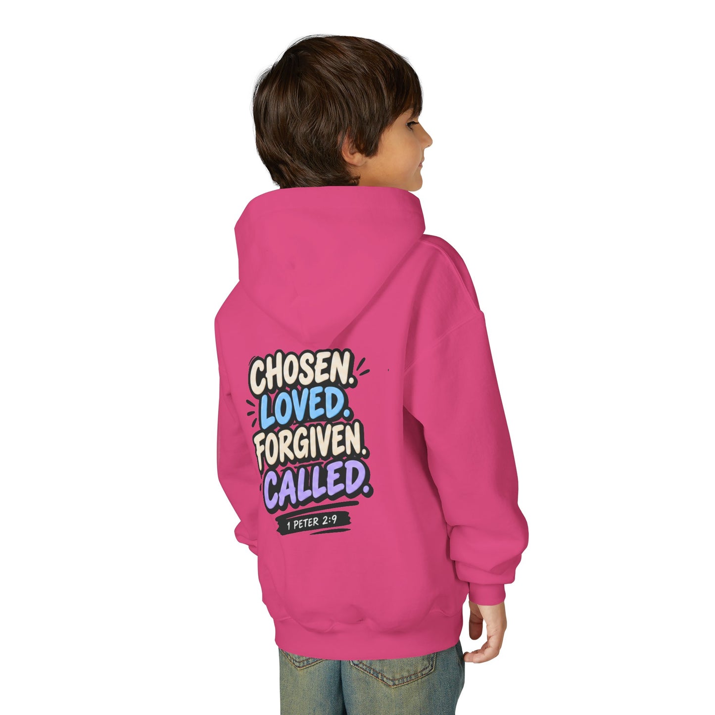 Youth Hoodie — "Chosen, Loved, Forgiven, Called" Christian Faith Pullover (Matthew 2:6)