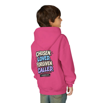 Youth Hoodie — "Chosen, Loved, Forgiven, Called" Christian Faith Pullover (Matthew 2:6)