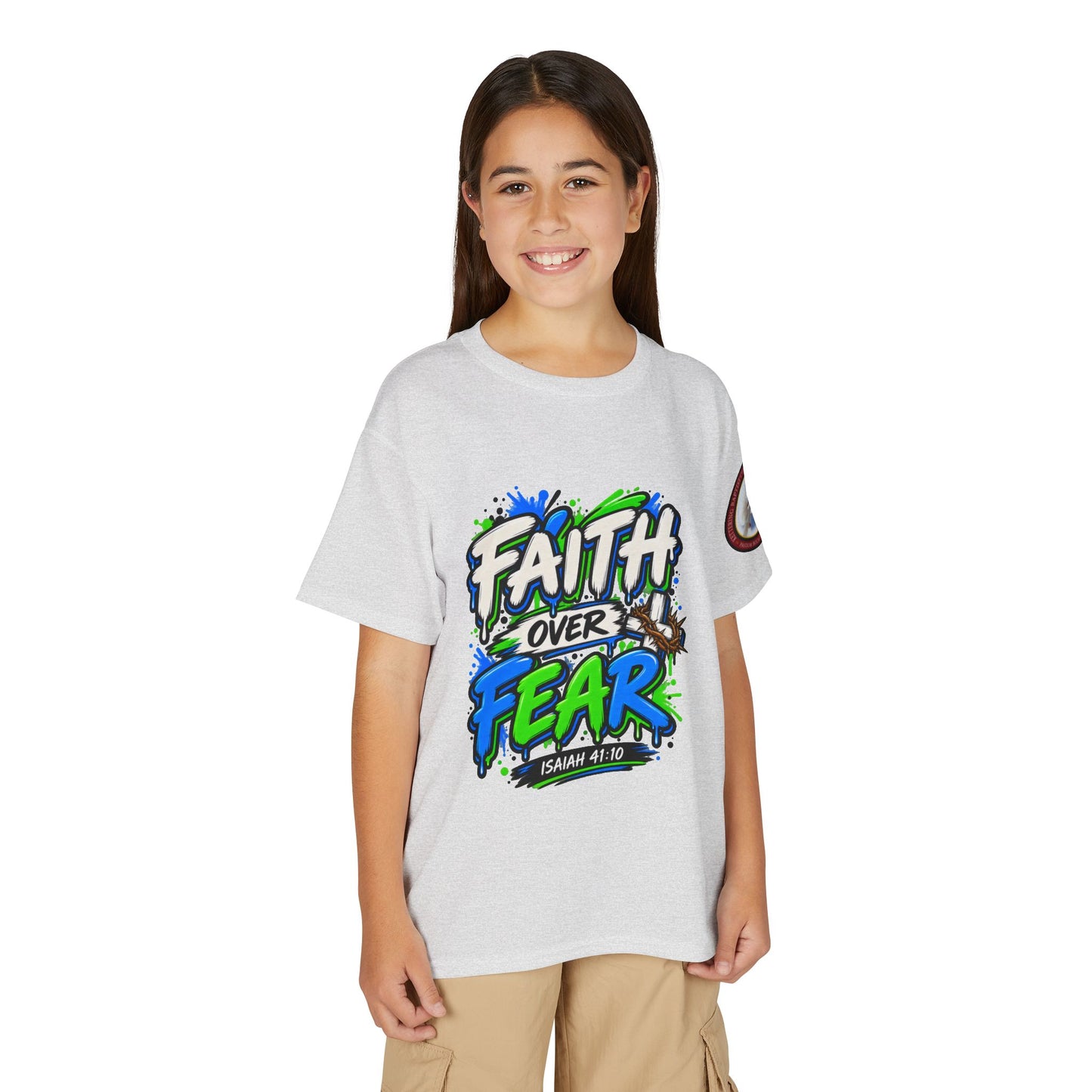 Faith Over Fear Youth T-Shirt — Christian Isaiah 41:10 Graphic Tee