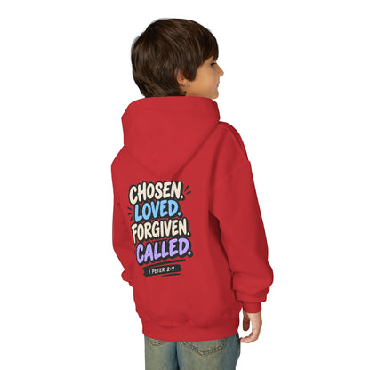 Youth Hoodie — "Chosen, Loved, Forgiven, Called" Christian Faith Pullover (Matthew 2:6)