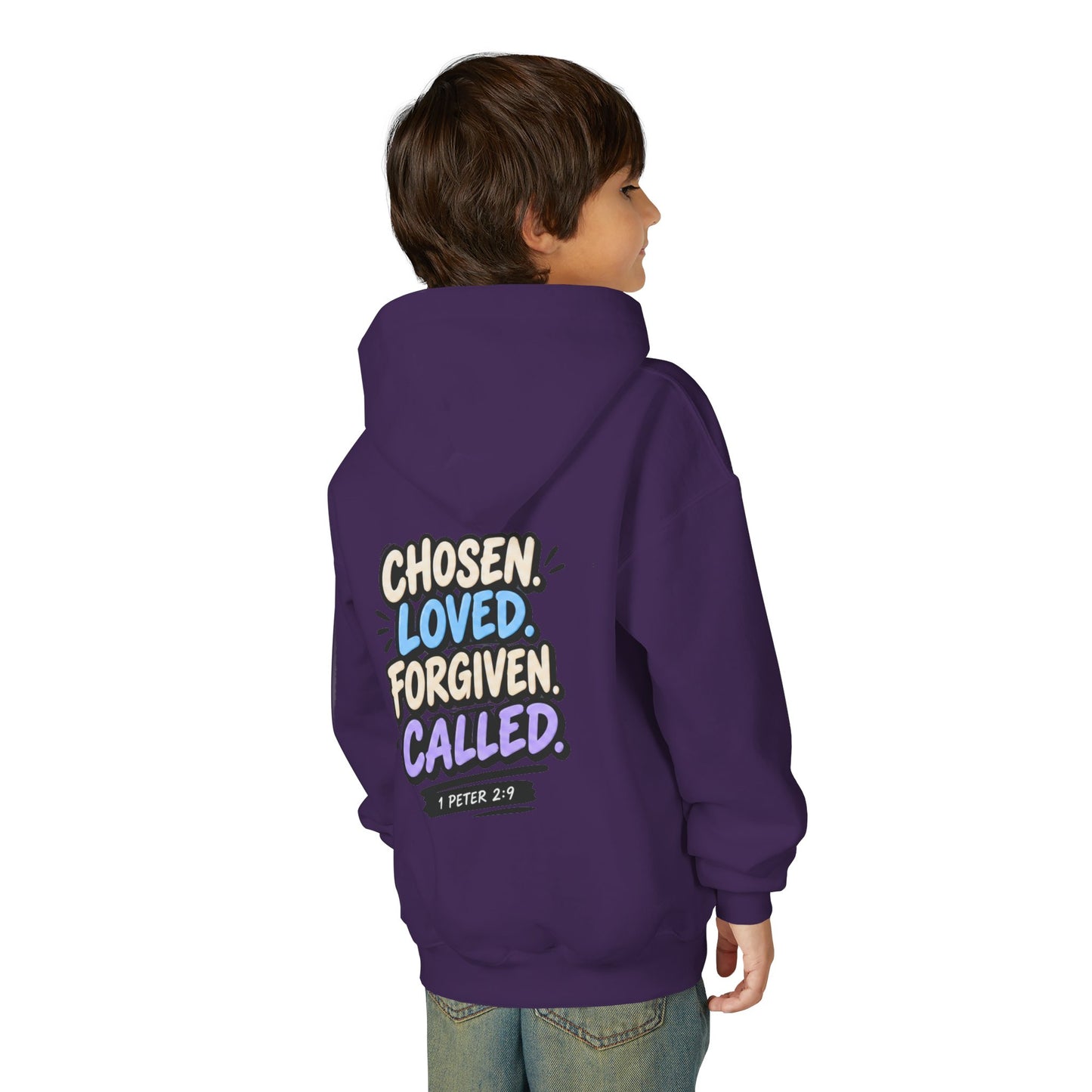 Youth Hoodie — "Chosen, Loved, Forgiven, Called" Christian Faith Pullover (Matthew 2:6)