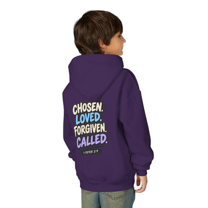 Youth Hoodie — "Chosen, Loved, Forgiven, Called" Christian Faith Pullover (Matthew 2:6)