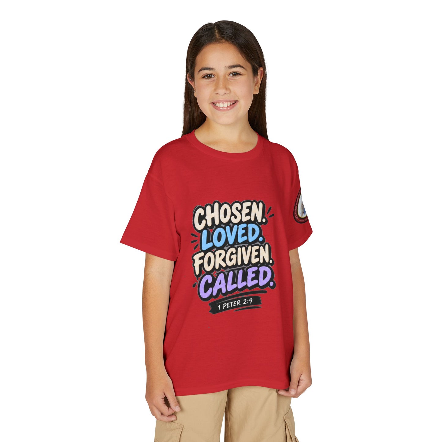 Chosen Loved Forgiven Called Youth T‑Shirt — 1 Peter 2:9 Inspirational Kids Tee