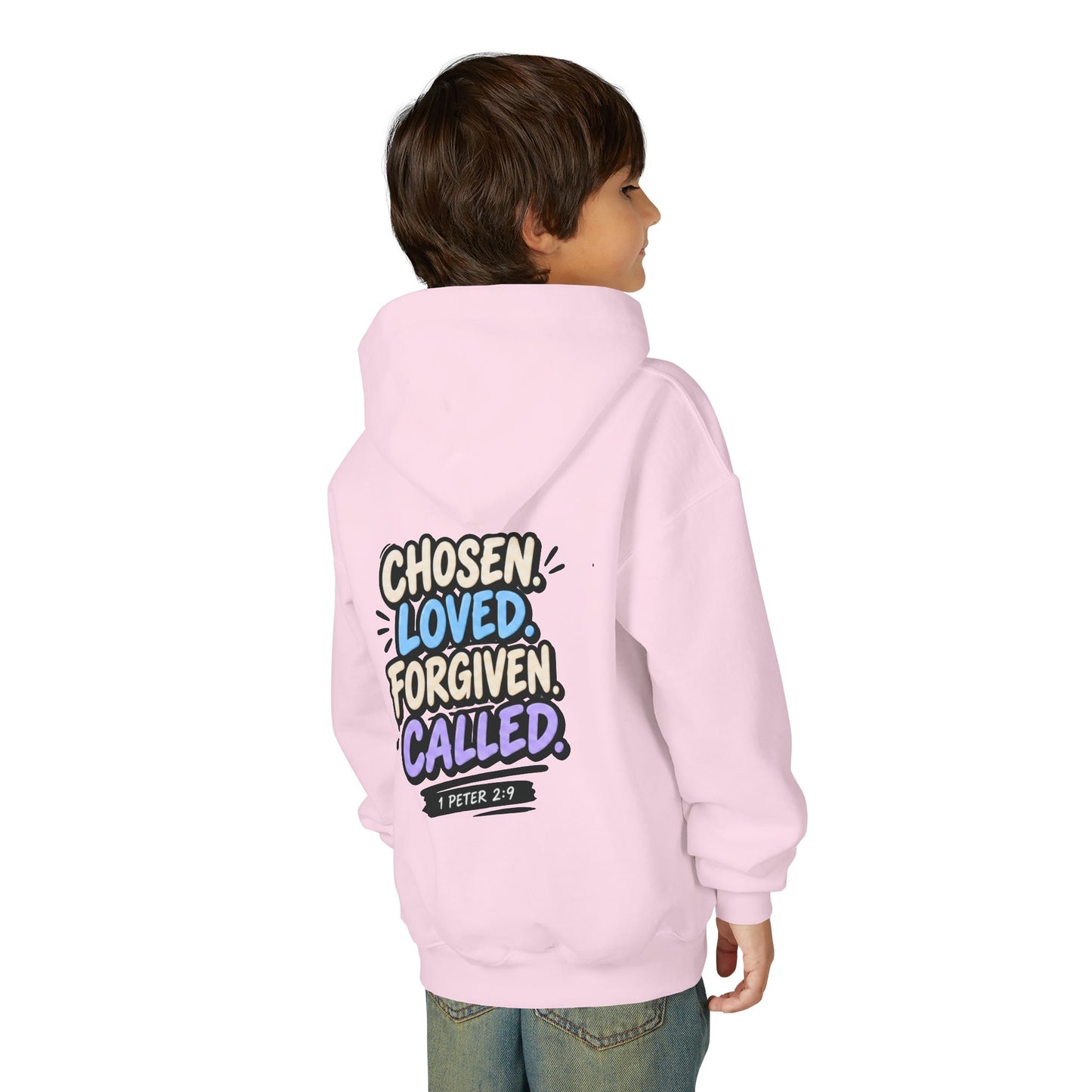 Youth Hoodie — "Chosen, Loved, Forgiven, Called" Christian Faith Pullover (Matthew 2:6)
