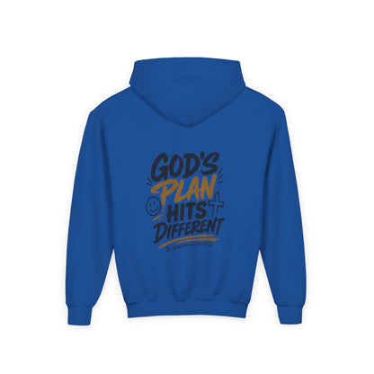 Youth Hoodie — “God’s Plan Hits Different” Inspirational Christian Pullover